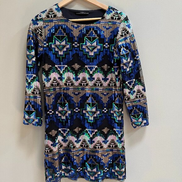 Zara Ethnic Print Sequins Embellished Party Evening Long Sleeve Dress Size US 8 - Picture 2 of 7